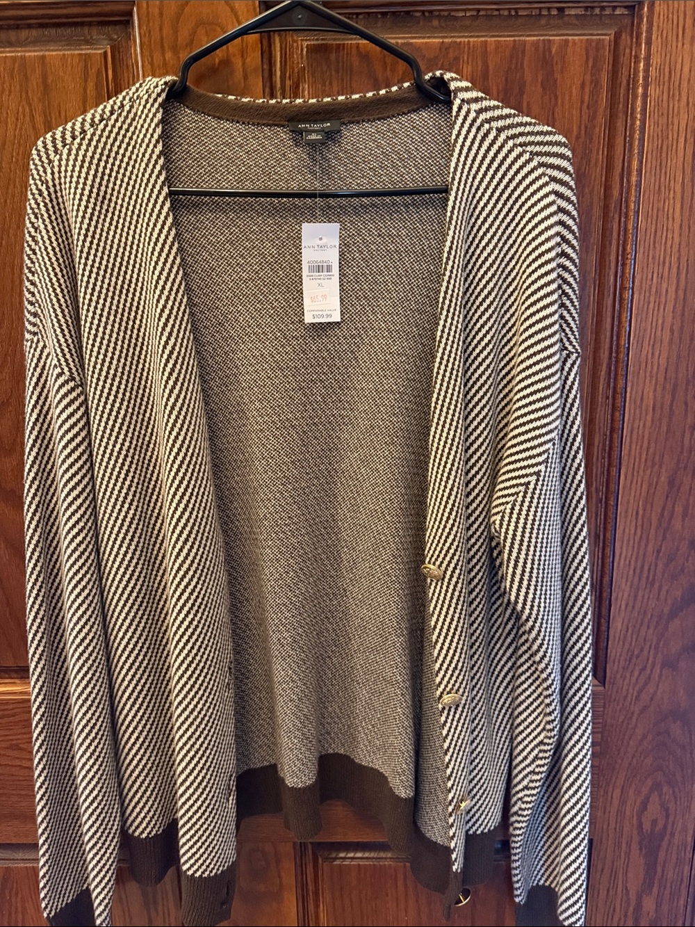 Ann Taylor Cream and Brown Hooded Button-Front Cardigan Sweater